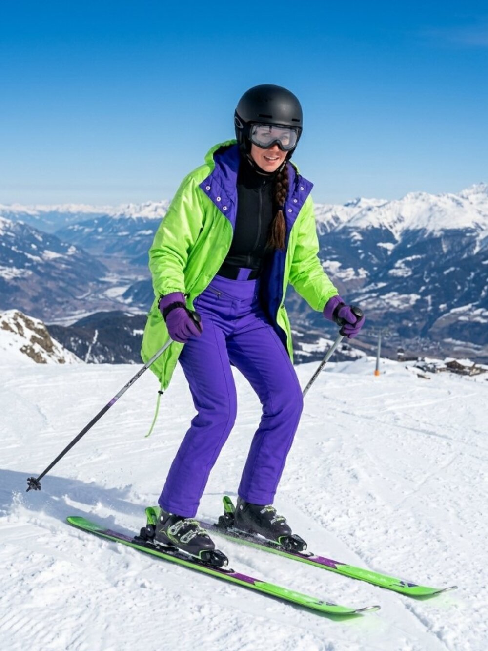 Obermeyer Neon Green Hooded Ski Jacket with Purple Ski Pants